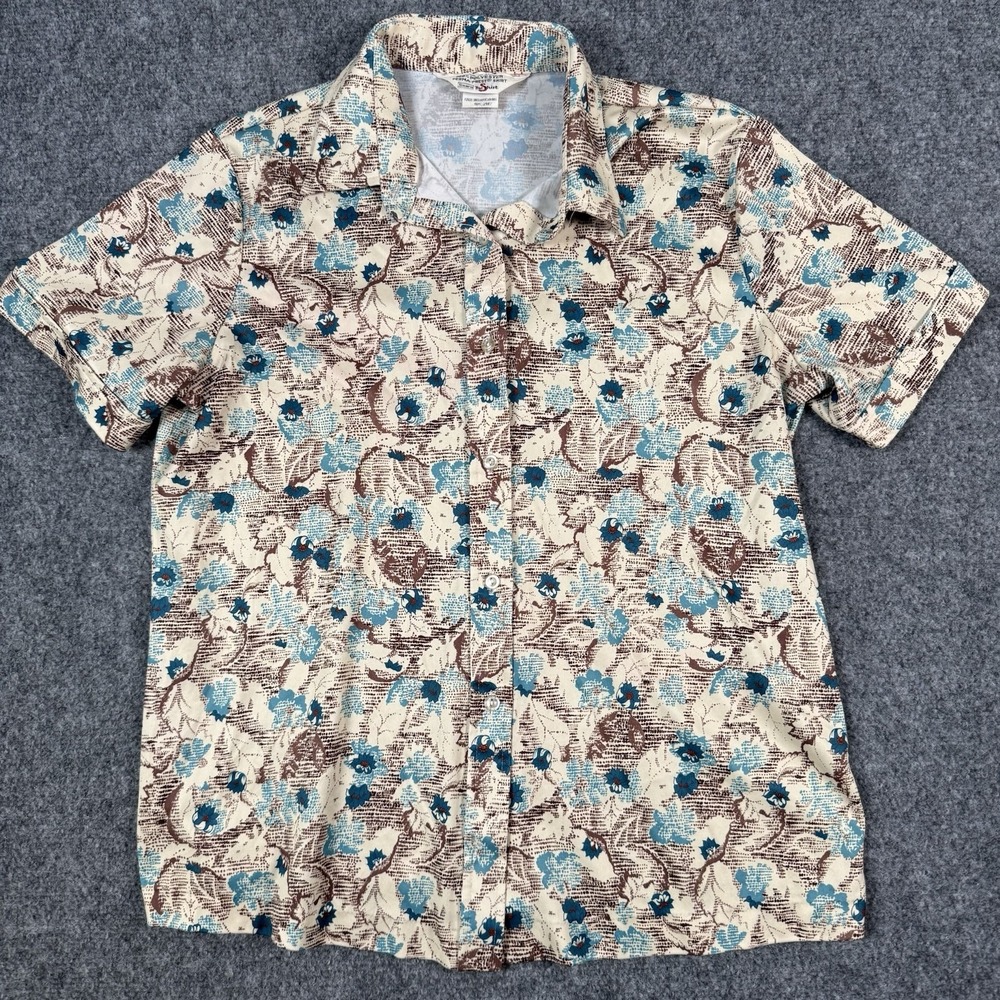 ✨ Vtg 70s Sears The Shirt Perma Prest Floral Blouse Disco Cuffed Short Sleeve 20